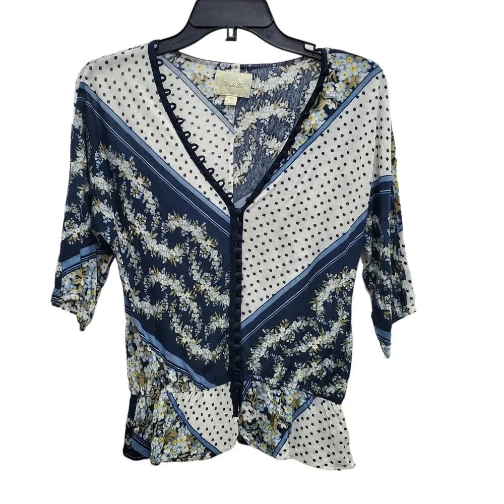 Anthropologie | Deletta Blue White Mixed Print Cottagecore Peplum Blouse Sz‎ XS